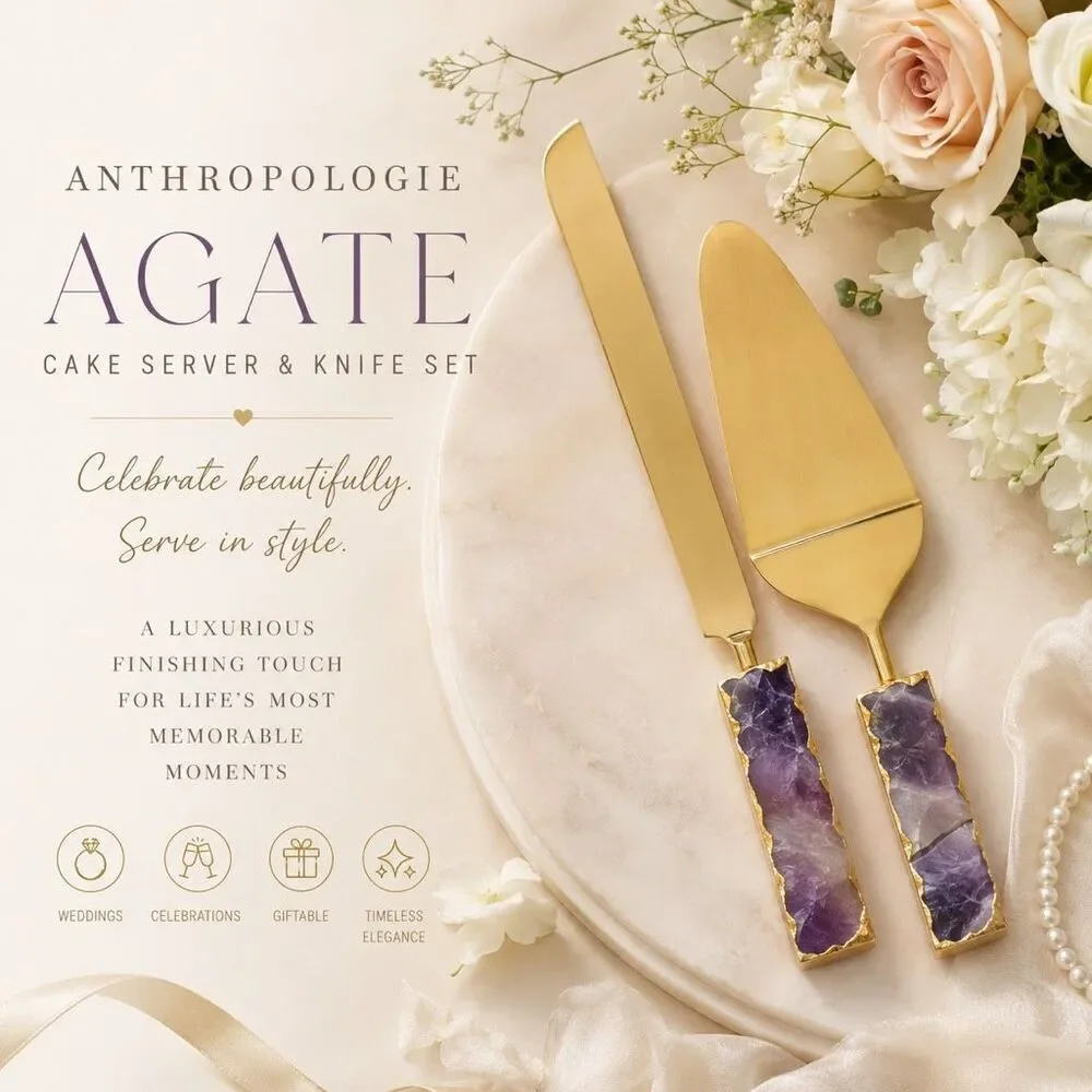 Anthropologie Agate Amethyst Cake Server Knife Set Gold Tone Wedding NWT Gift